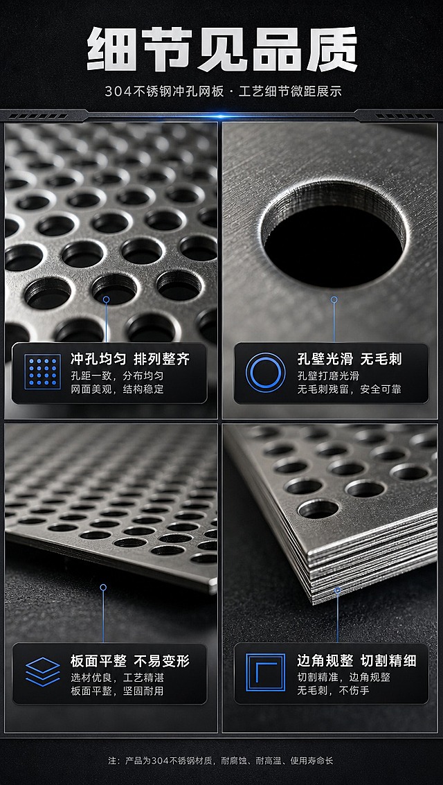 [商品] 使用【图1】304不锈钢冲孔网板；保留产品原貌，取四个不同部位细节做放大展示。
[画面] 目标：工艺细节微距展示，体现品质把控。构图：2x2四宫格细节展示，每格一个细节特写，顶部标题区。景别：微距特写，每个细节放大清晰可见。前中后景：每格内前景为细节主体，中景信息标签，后景深色底。场景：工业检测微距拍摄环境。
[视觉] 套系策略：风格=工业风专业商业摄影；标题字=粗黑无衬线工业字体；正文字=简洁无衬线体；主色=深炭灰+金属银灰；背景延展=深灰到炭黑渐变，带细微金属颗粒纹理；强调色=科技蓝，仅用于小面积图标、引线和标签；标题色=纯白；正文色=浅银灰；组件=深色半透明信息卡、细银线引线、工业风图标；光影=侧逆光勾勒金属边缘，细节处高光清晰。
[文字] 顶部主标题「细节见品质」。四个细节格分别标注：左上「冲孔均匀 排列整齐」、右上「孔壁光滑 无毛刺」、左下「板面平整 不易变形」、右下「边角规整 切割精细」。每格配小图标和说明文字。
[规格] 图片比例9:16竖版，4K分辨率，淘宝/天猫详情页适配，避免变形、错字、文字过小、暖色调、产品细节失真。