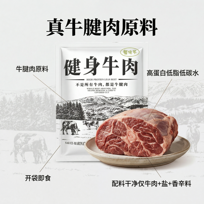 [主图2] 健身牛肉核心原料展示，极简风格，保持风格统一。画面中心是大块完整原切牛腱肉，纹理清晰可见，背景为浅灰色极简背景融入淡淡的牧场风景，自然暖光。文案：主标题“真牛腱肉原料”，用黑色粗体大字，围预览效果