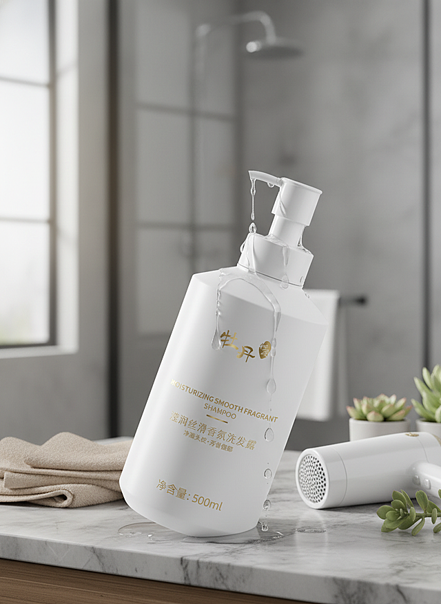 极简现代风洗发露，液态质感瓶身搭配柔和光影，清新绿植点缀浴室场景，传递清爽舒适与性冷淡美学。