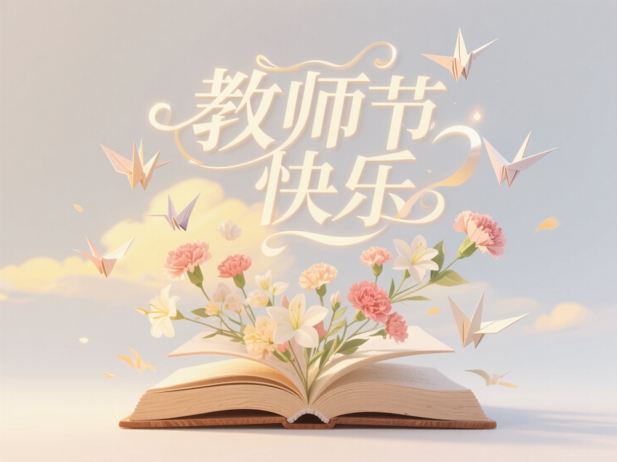 一本打开的巨大书籍中，无数由纸张折叠成的千纸鹤与花朵（如康乃馨、百合）从中飞出，涌向天空。书籍的封面是木质纹理，标题为“教师节快乐”。采用立体折叠纸艺风格字体，仿佛也是从书中飞出的一部分。背景是柔和的预览效果