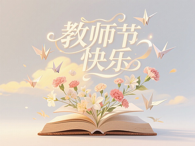 梦幻插画风，大字设计，教师节主题，书本与花朵交织，纸鹤飞舞，温馨浪漫。
