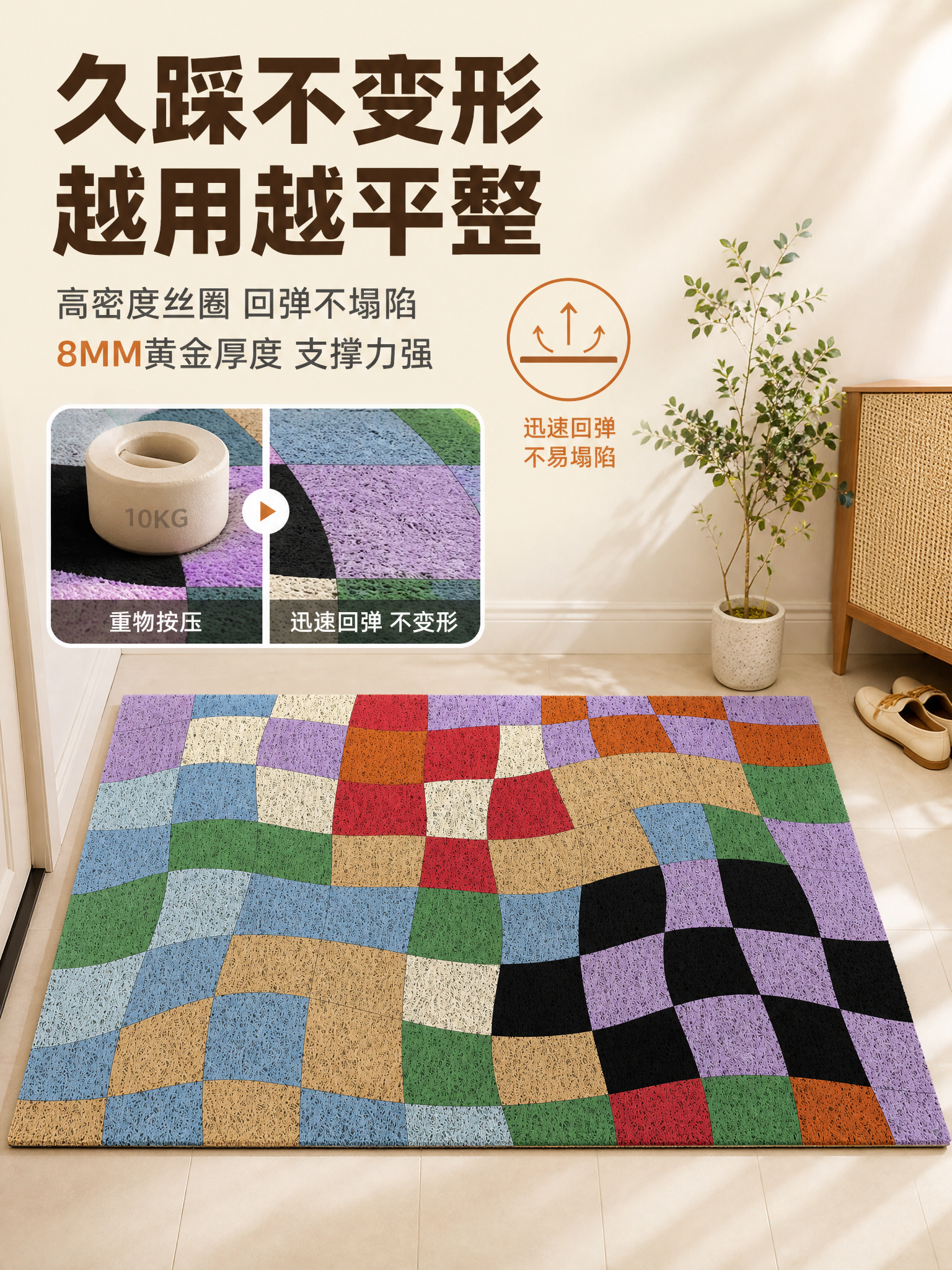 [主图-2] 莫兰迪波浪棋盘格丝圈入户门地垫 8MM 不变形不… - 图片创意预览