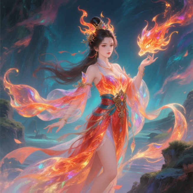 创作数码厚涂风格的火灵儿角色图，古风玄幻造型，气质明艳热烈预览效果