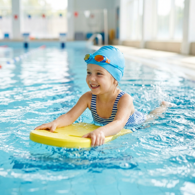 一个外国小女孩穿着蓝色条纹色的泳衣，佩戴天蓝色泳帽与蓝橙撞色儿童泳镜，双手扶着天黄色浮板在水中练习游泳，面带微笑，姿态活泼。场景设定：室内恒温游泳馆，清澈的浅蓝色泳池水面，带有自然波纹与细碎水花，环境预览效果