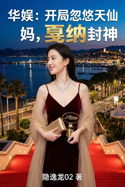 将人物替换为酒红色丝绒吊带露肩长裙，搭配钻石项链和金色手拿包，围巾替换为香槟色薄纱披肩，人物手持金棕榈奖杯，侧脸向左，微笑自信，背景为戛纳海滨夜景，上部添加白色文字“华娱：开局忽悠天仙妈，戛纳封神”，预览效果