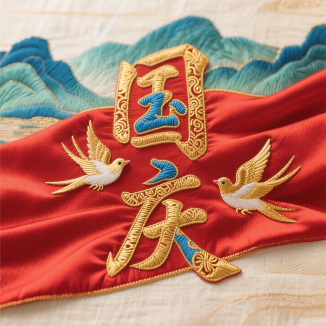 国潮风格庆祝国庆主题竖版，主体为“国庆”二字（采用金色刺绣质感，带有精致花纹纹理，部分笔画辅以蓝色刺绣点缀），搭配两只姿态灵动的金色和平鸽（翅膀有金属光泽与细腻羽毛细节）；背景是带有华丽织物纹理与自然预览效果