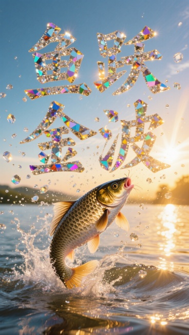 鲤鱼跃起时带起的宝石水花，在空中自然凝聚成四个大字：“鱼跃金波”，与曙光融为一体。预览效果
