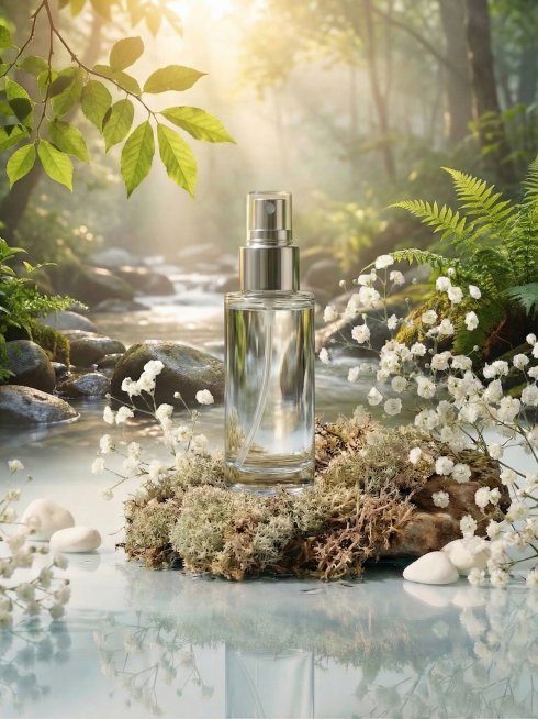 对喷雾瓶进行细节强化重绘：瓶身为高透光玻璃材质，清晰可见内部液体及后方溪流景物的轻微折射；瓶身弧面明暗交界线分明，高光区域锐利明亮，阴影过渡自然有层次；银色泵头呈现金属质感，反射周围绿叶与阳光，细节精预览效果