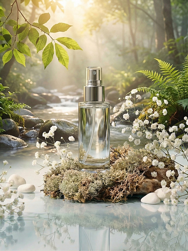 对喷雾瓶进行细节强化重绘：瓶身为高透光玻璃材质，清晰可见内部液体及后方溪流景物的轻微折射；瓶身弧面明暗交界线分明，高光区域锐利明亮，阴影过渡自然有层次；银色泵头呈现金属质感，反射周围绿叶与阳光，细节精致；整体保持原构图与森林溪边背景不变，仅提升产品主体的质感与光影表现力，商业级高清摄影效果。