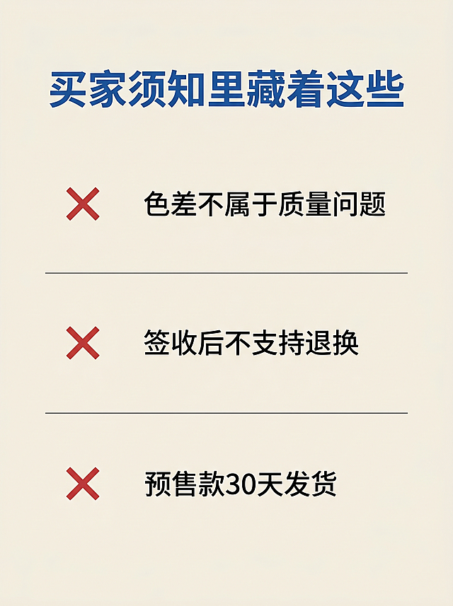 竖版海报，3:4比例，浅米色背景，简笔画线稿风格，留白充足。顶部蓝色粗体小标题"买家须知里藏着这些"。分3个板块从上到下排列：板块1左侧红色叉号+右侧短文字"色差不属于质量问题"；板块2左侧红色叉号+右侧短文字"签收后不支持退换"；板块3左侧红色叉号+右侧短文字"预售款30天发货"。每个板块之间用细线分隔，文字精简，无多余图标和装饰，干净清爽