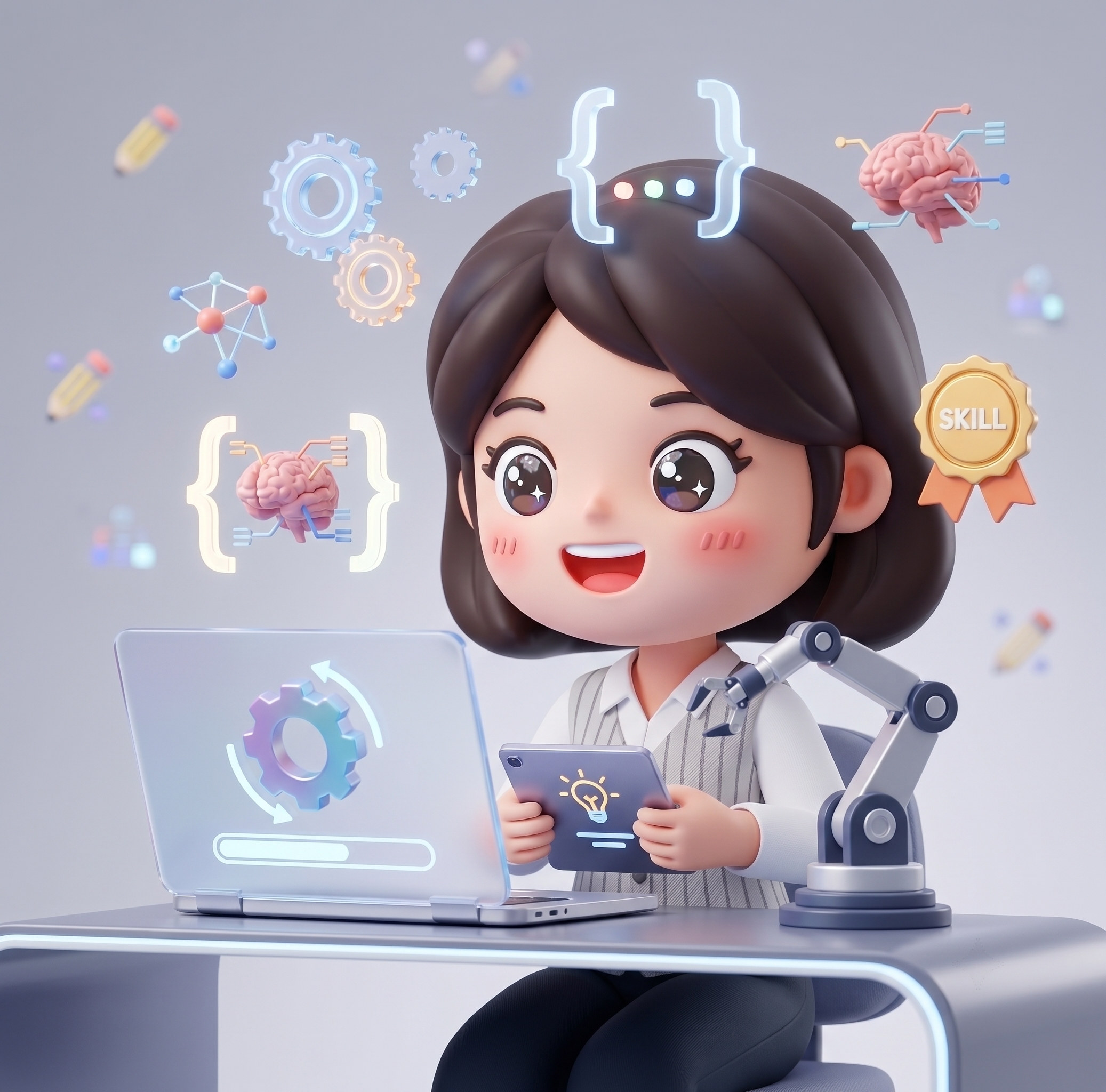 根据图中的ip形象，生成一个学习技能主题的3D表情包，不需要添… - 图片创意预览