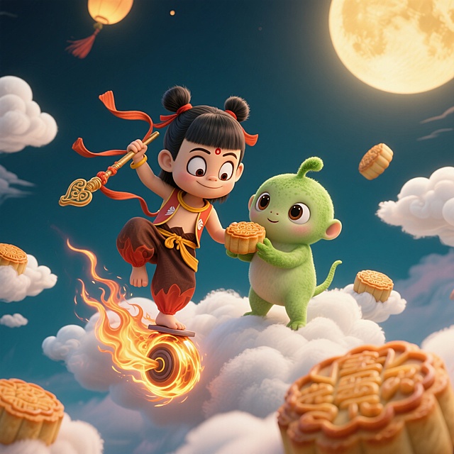 哪吒跟胡巴吃月饼