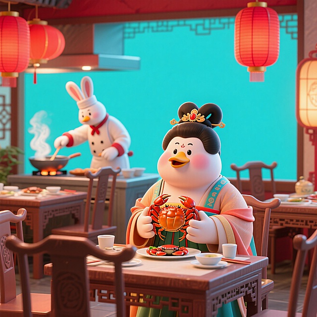 中式卡通3D风格，拟人角色喜庆用餐，兔厨烹饪，节日氛围浓厚。