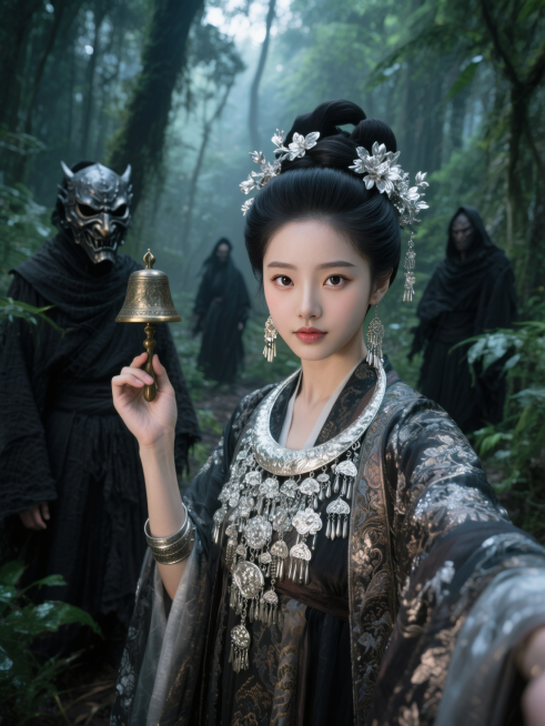 在充满神秘氛围的丛林场景中，身着华丽传统服饰的东方女子为核心主体。她梳着古典发髻，头上插着银花与精致的银发饰，佩戴繁复且精美的银质项链、耳饰等配饰，衣袍有细腻花纹与光泽。她右手单手高举古朴铜铃，姿态优预览效果
