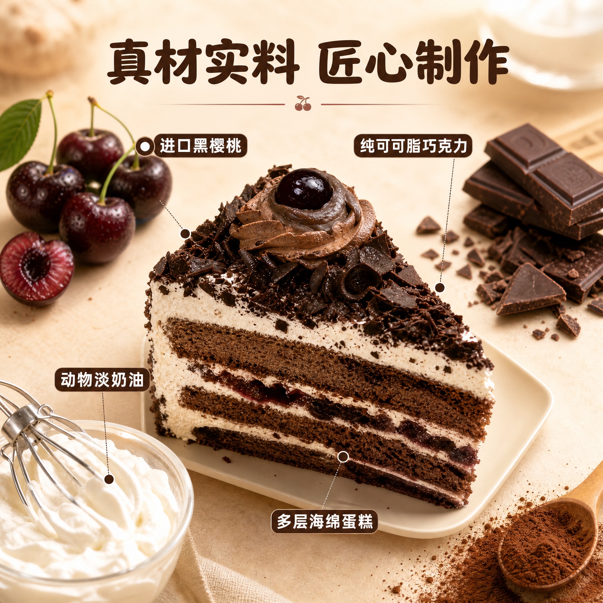 [主图-2] 黑森林蛋糕核心亮点与原料展示，主题为真材实料品质… - 图片创意预览