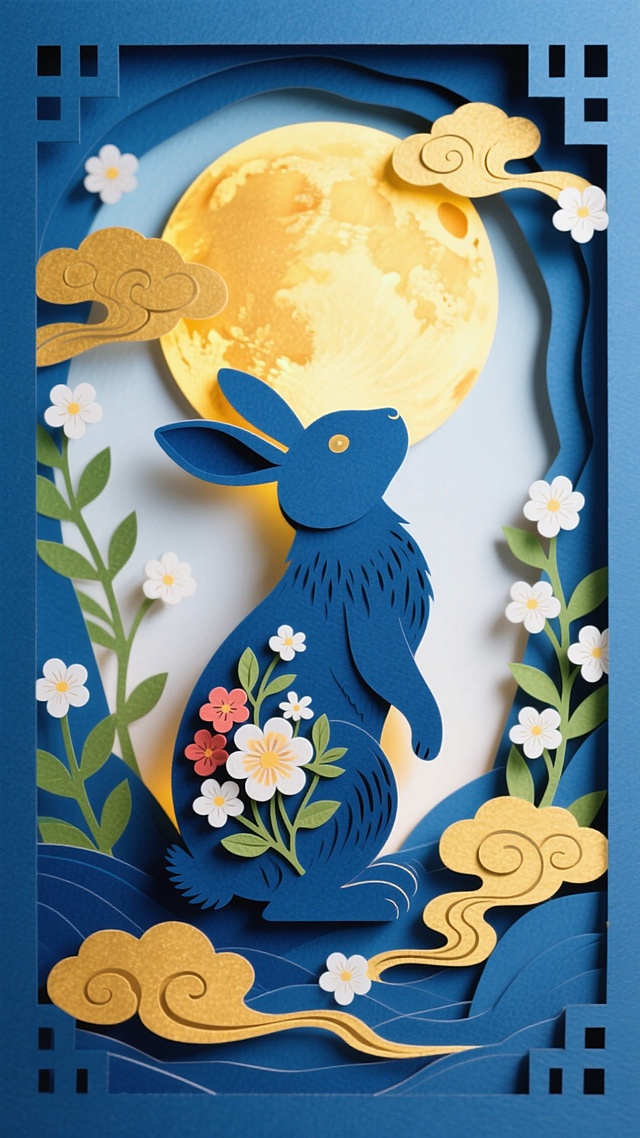 蓝纸雕琢的玉兔，在满月、白花与金云纹环绕的纸艺空间里静立，如中秋夜从剪纸中跃出的精灵，满是雅致巧思。