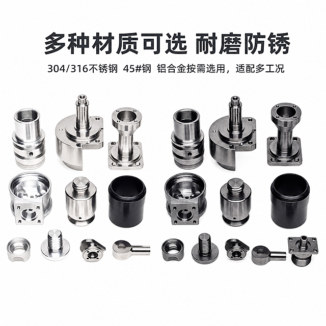 [主图3] CNC加工多种材质可选卖点展示主图。
[氛围风格] 对比展示，专业清晰，突出不同材质质感。
[画质] 商业摄影质感，高清真实，材质纹理清晰。
[元素] 左右分栏展示，左侧展示不锈钢材质零件成品，右侧展示碳钢材质零件成品，都放大特写金属切削光洁表面；纯白背景，每侧产品占比约40%，中间留出分割间距；保留两种材质真实金属质感和颜色差异，结构和零件形状与原图一致；所有零件都精修处理，去除杂质，保留真实纹理。
[光影] 左右均匀布光，两侧产品光照一致，金属表面反光干净，纹理清晰，明暗对比自然，没有偏光和色差。
[配色] 纯白背景#ffffff，左侧不锈钢银灰色，右侧碳钢深灰色，文字使用统一深灰色，整体配色简洁专业。
[视角构图] 左右分栏对比构图，正面平视，两种材质都完整展示，对比清晰。
[文字版式] 顶部通栏主标题"多种材质可选 耐磨防锈" 大号粗体深灰色；下方辅助文案"304/316不锈钢 45#钢 铝合金按需选用，适配多工况" 中号深灰色；文字都在顶部，不遮挡产品对比展示区域，层级清晰。
[输出要求] 1:1比例，2048px*2048px，文字清晰可辨，超高清商业摄影质感。
[负向提示词] 变形，文字错乱，颜色偏差，背景杂乱，水印，电商平台Logo，产品错位，纹理模糊。