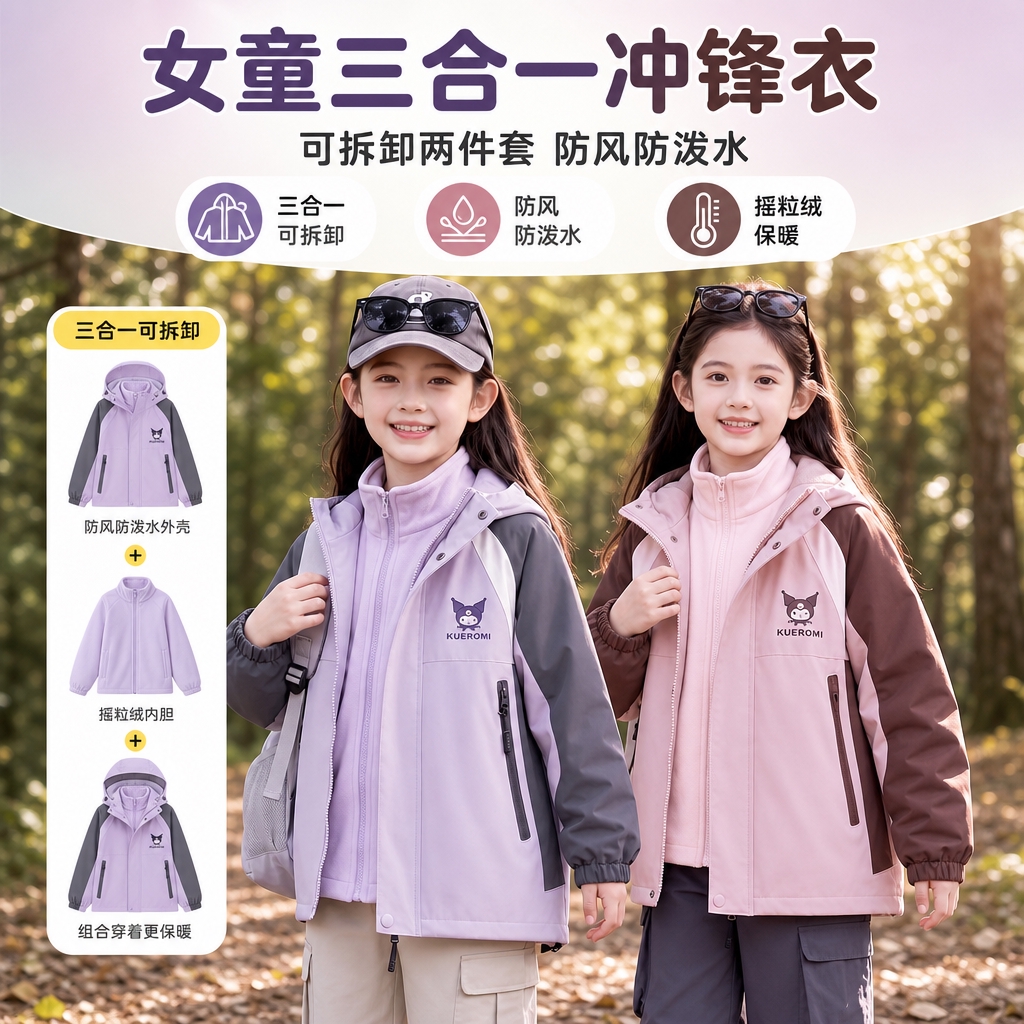 [商品] 使用【图1】浅紫拼深灰女童三合一冲锋衣、【图2】浅粉… - 图片创意预览