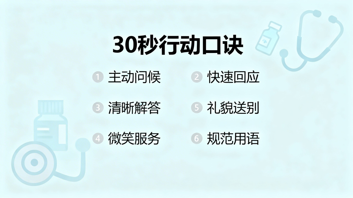 医疗机构窗口服务培训口诀页，大标题30秒行动口诀，列出六条服务口诀，柔和浅背景配淡医疗元素，排版宽松简洁预览效果