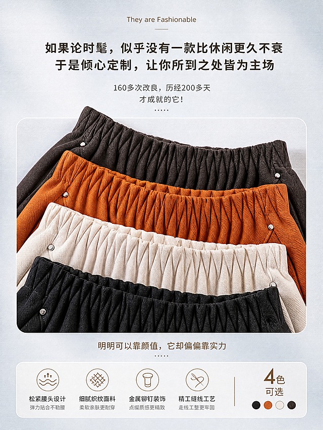 [商品] 使用【图4】多色腰头细节图（黑/橙/米白/深灰四色腰头叠放）；商品处理：保留松紧腰头的褶皱肌理、铆钉装饰、四色面料颜色（黑色/橙色/米白/深灰）和缝线工艺；增强腰头松紧纹理、面料织纹、铆钉金属光泽和缝线细节，不改变颜色和结构。
[画面] 目标：细节工艺页，展示松紧腰头设计、多色选择和工艺品质。构图：上方放设计理念文案，中间为四色腰头叠放大图占画面约50%，下方放工艺卖点。背景：浅灰蓝色渐变底，带细腻纸张纹理，柔和顶光。上方文案区居中排版，下方卖点区左右分布。
[视觉] 套系策略：风格=简约高级通勤商业摄影；标题字=现代无衬线粗体，带轻微字距；正文字=简洁无衬线体；主色=奶茶米杏；背景延展=基于奶茶米杏做深浅层级、同色渐变和细腻纸张/织物质感；强调色=焦糖棕，仅用于小面积图标、引线和标签；标题色=深炭棕；正文色=中暖灰；组件=圆角浅底信息卡、细线引线、小英文装饰；光影=顶部柔和漫射光。
[文字] 顶部小号英文"They are Fashionable"，下方主文案"如果论时髦，似乎没有一款比休闲更久不衰 于是倾心定制，让你所到之处皆为主场"，再下方"160多次改良，历经200多天 才成就的它！"；腰头图下方文案"明明可以靠颜值，它却偏偏靠实力"；右下角标注"4色可选"；文字均为横排。
[规格] 图片比例3:4竖版，4K，medium质量，避免变形、错字、文字过小、颜色失真、铆钉质感丢失。