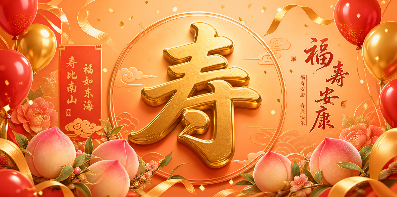 温馨寿辰背景板，暖橙色渐变底色，中间是立体金色寿字，周围散落红色气球、金色彩带和寿桃插画，风格活泼又不失庄重，画面中不包含仙鹤，整体设计大气温馨预览效果