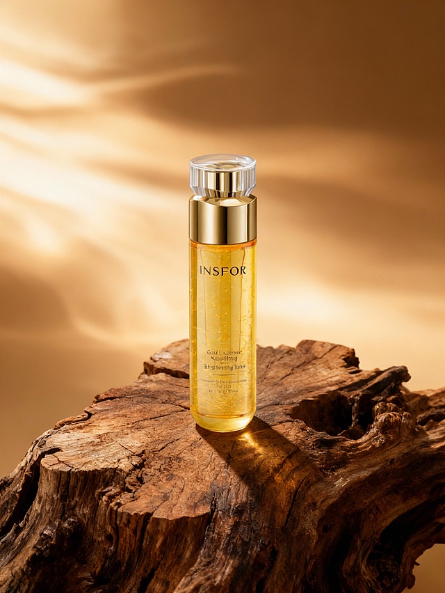 超写实商业产品摄影风格，金色与棕色为主的柔和低饱和暖调配色，整体暖调氛围；采用平视微俯的特写视角，中心偏下视觉焦点构图，产品为核心主体；产品放置在不规则的木头的表面上，木质呈现棕色调。背景为柔焦处理的流动的光影，营造出高级感的光影效果。整体光线柔和温暖，带有自然的阴影和高光，突出产品的质感和奢华感