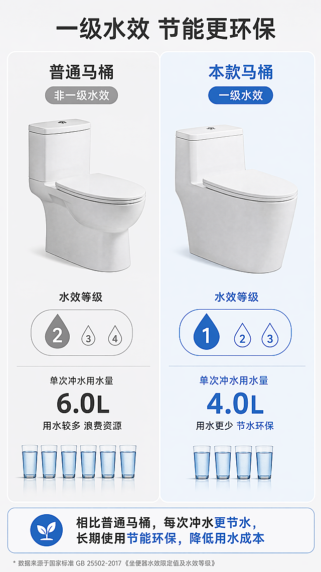 [第4屏] 本屏对比展示普通马桶一级水效相比于普通马桶的节水优势。本屏使用对比版式，左右分栏。
[氛围/风格] 清晰对比排版，干净清爽简约风格，浅灰色背景，蓝色突出优势项，真实直观。
[元素布局] 页面左右两栏对比，左侧为普通马桶，右侧为本款一级水效马桶，每栏配马桶示意图、水效等级标识、用水量说明。底部总结节水优势。
[光影质感] 均匀明亮光线，对比区域清晰区分，优势项用浅蓝色背景高亮，层次分明。
[配色色系] 全局浅灰色底色 #f0f0f0，本款一级水效区域浅蓝色背景 #e8f0fe，文字深灰色，等级标识蓝色。
[视角构图] 左右对比构图，信息直观，易于阅读比较。
[文字版式] 顶部主标题"一级水效 节能更环保"居中，左右分栏：
左侧："普通马桶 非一级水效" 标注更高用水量，右侧："本款马桶 一级水效" 标注更低用水量，底部总结文字"相比普通马桶，每次冲水更节水，长期使用节能环保，降低用水成本"，文字清晰可读，排版整齐。
[比例分辨率] 9:16竖版比例，4K分辨率，文字清晰可辨，超高清。
[负向提示词] 排版混乱，文字错乱，比例失调，颜色偏差，水印，背景杂乱