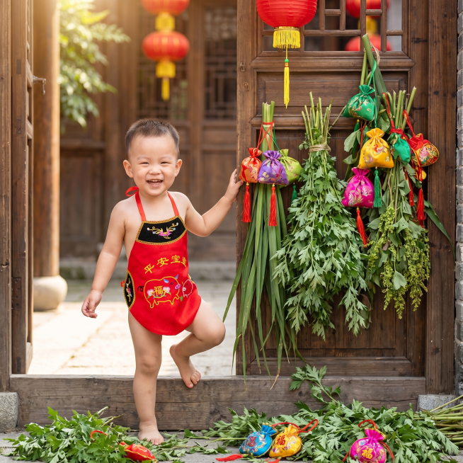 3岁左右活泼宝宝穿着参考图里的红色平安宝宝福猪刺绣肚兜，在挂满艾草的中式大门旁拍照，浓厚端午节日氛围，喜庆生动风格，画质清晰，1:1构图预览效果