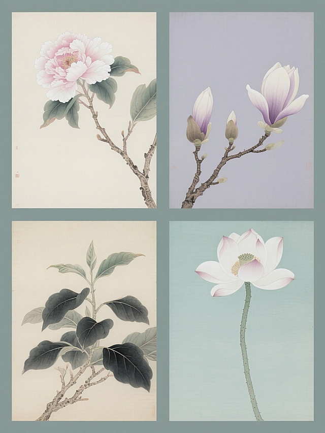 中国工笔画风格，纯色背景，四幅规整排布的系列素材集合，每幅均保持工笔画细腻的线条勾勒、淡雅的设色技法和写实的花卉枝叶形态特征，画面整体色彩变换为四种不同色调，元素类目为花卉植物，分别描绘：第一幅粉白牡丹枝干舒展，第二幅浅紫玉兰含苞待放，第三幅鹅黄山茶叶片层叠，第四幅淡青荷花茎秆挺拔，每幅均有清晰的枝干纹理、花瓣脉络和墨色晕染的叶片，整体构图疏密有致，保持工笔画特有的雅致韵味与细腻质感。