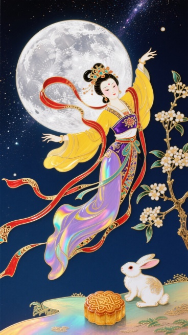 唐卡风格，一个20岁身着唐制汉服的嫦娥作飞天姿势浮在半空，绯红飘带装饰，头饰为唐朝传统女性风格。身旁有一只玉兔侧身怀抱一个竖着的月饼，玉兔脚底下为土地。背景是银色满月、银河、一根桂花树枝，整体色调以明预览效果