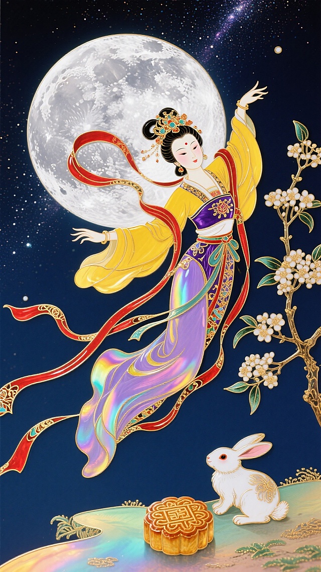 嫦娥奔月，玉兔趴在月饼上守家。