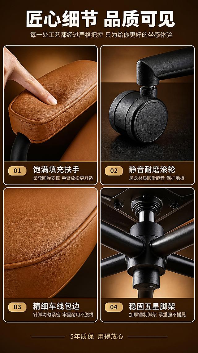 [第15张] 细节工艺展示页-扶手/五星脚/滚轮/包边。本张使用【图1】常规款金棕色办公椅作为细节特写主体。
[氛围/风格] 工艺细节特写风，暖调质感，微距清晰，匠心品质感。
[元素布局] 画面为四宫格细节特写：左上「饱满扶手」-扶手皮革与填充特写，手指轻按展示柔软；右上「静音滚轮」-五星脚滚轮特写，展示尼龙材质与顺滑结构；左下「细致包边」-坐垫边缘缝线包边特写，针脚均匀；右下「稳固五星脚」-五星脚中心与气压杆连接处仰视特写；四格均为金棕色椅子细节；背景为深棕色渐变，每格有独立光影。
[光影质感] 每格侧光突出材质纹理，皮革纹理、缝线针脚、金属质感、滚轮细节清晰，整体高级精致。
[配色色系] 全局底色深棕#5C2E0F；主色金棕色皮革+黑色金属/滚轮；辅助色白色分隔线、浅棕文字；点缀色金色工艺标签。
[视角构图] 2×2四宫格布局，每格为独立微距特写视角，阅读动线顺时针浏览；每格下方配文字说明。
[文字版式] 顶部主标题「匠心细节 品质可见」（大号粗黑体），副标题「每一处工艺都经过严格把控 只为给你更好的坐感体验」；四格分别标注「饱满填充扶手」「静音耐磨滚轮」「精细车线包边」「稳固五星脚架」；底部小字「5年质保 用得放心」。
[比例分辨率] 9:16竖版比例，4K分辨率，文字清晰可辨，高清画质。
[负向提示词] 细节模糊，缝线错乱，滚轮结构错误，水印，文字过小。