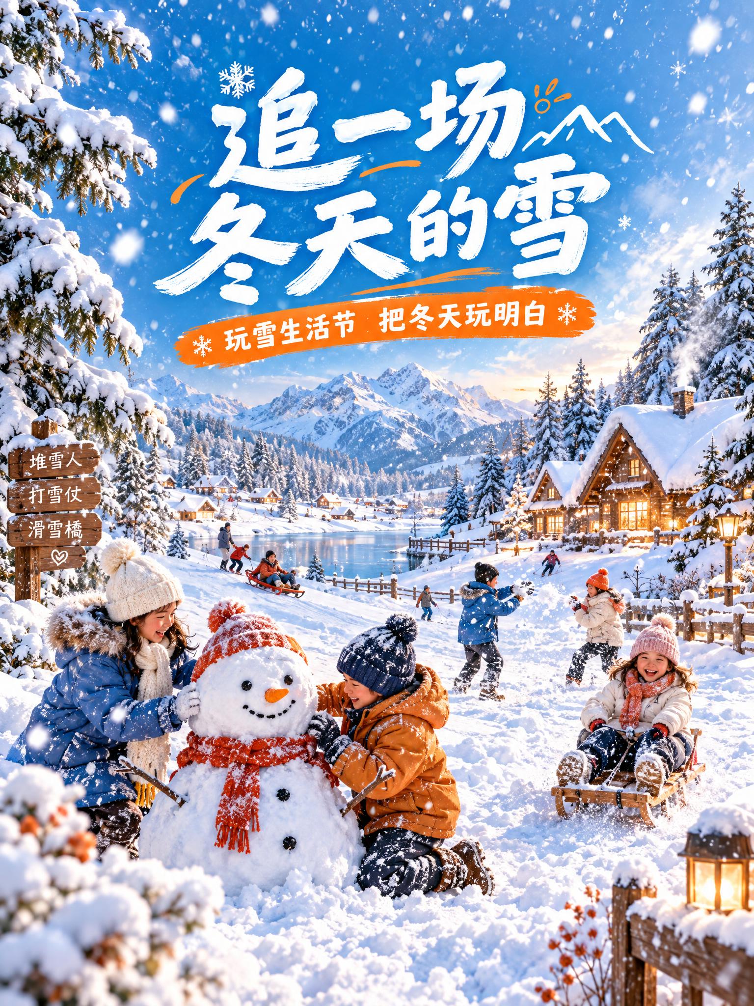 冬日雪景生活节主题海报，漫天飞舞的雪花，银装素裹的冬日场景，人… - 图片创意预览