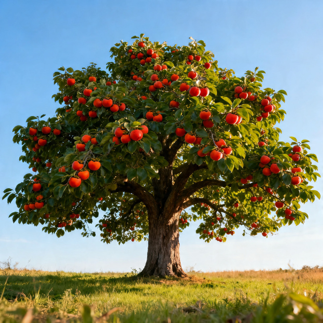 一棵完整的大柿子树，能看到完整的树干，大大的树冠，树上带着翠绿的树叶子，结满了红彤彤的柿子，果实饱满，自然写实风格，户外景色预览效果