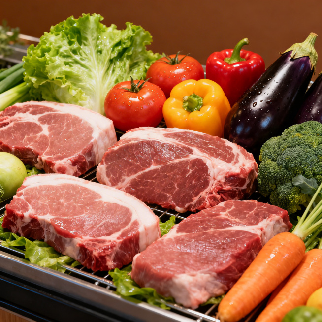 暖棕背景，摆放新鲜猪肉、牛肉等鲜肉，搭配生菜、番茄、彩椒、茄子、胡萝卜、西兰花等新鲜蔬菜水果，自然写实的生鲜食材陈列风格，无文字无LOGO预览效果