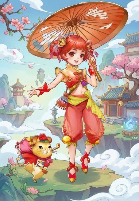 把图二的角色变成图一的大头Q版风格，仙侠背景预览效果