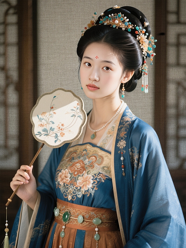 穿华丽的唐朝时期古风汉服，蓝靛盘发和各色珠宝的头饰，几颗宝玉坠饰别在腰间，手持一把精致的团扇，一半的面部有轮廓光，中式背景