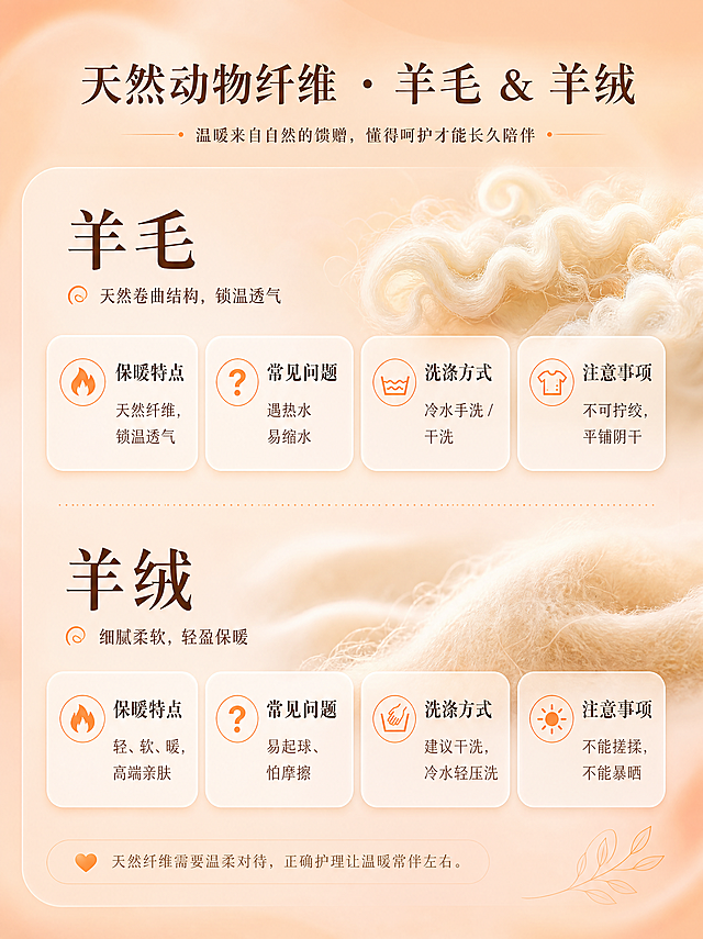 [第3张] 详情页单面料详解 - 羊毛 & 羊绒（天然动物纤维高端篇）。
[氛围/风格] 温暖高级知识卡片风格，柔和流体弥散渐变背景，蜜桃橙暖橘色浅肉粉过渡，哑光磨砂质感，朦胧柔焦光晕，干净极简。
[元素布局] 顶部小标题区；下方左右分两栏或上下分两块，每块对应一种面料；每块内含：面料名称大标题 + 四个信息模块（保暖特点、常见问题、洗涤方式、注意事项），模块用圆角小卡片或图标+文字形式呈现；可加入羊毛纤维纹理、羊绒柔软质感的抽象装饰元素，轻盈不抢主体。
[光影质感] 柔和漫射暖光，信息卡片带轻微浮起投影，整体朦胧柔焦。
[配色色系] 全局底色同前蜜桃橙渐变；信息块底色半透米白#FFF5EEDD；标题文字深棕#5C3A2E；正文深灰棕#7A5A4A；图标/点缀色暖橘#FF9F69。
[视角构图] 竖版上下或左右分栏构图，阅读动线清晰有序。
[文字版式] 顶部分区标题「天然动物纤维 · 羊毛 & 羊绒」；羊毛模块：保暖特点「天然纤维，锁温透气」、常见问题「遇热水易缩水」、洗涤方式「冷水手洗 / 干洗」、注意事项「不可拧绞，平铺阴干」；羊绒模块：保暖特点「轻、软、暖，高端亲肤」、常见问题「易起球、怕摩擦」、洗涤方式「建议干洗，冷水轻压洗」、注意事项「不能搓揉，不能暴晒」；每项配小图标，文字左对齐，层级分明。
[比例分辨率] 3:4竖版比例，4K分辨率，文字清晰可辨。
[负向提示词] 文字错乱，文字过小，水印，变形，信息拥挤，人物，真实衣物照片，杂乱。