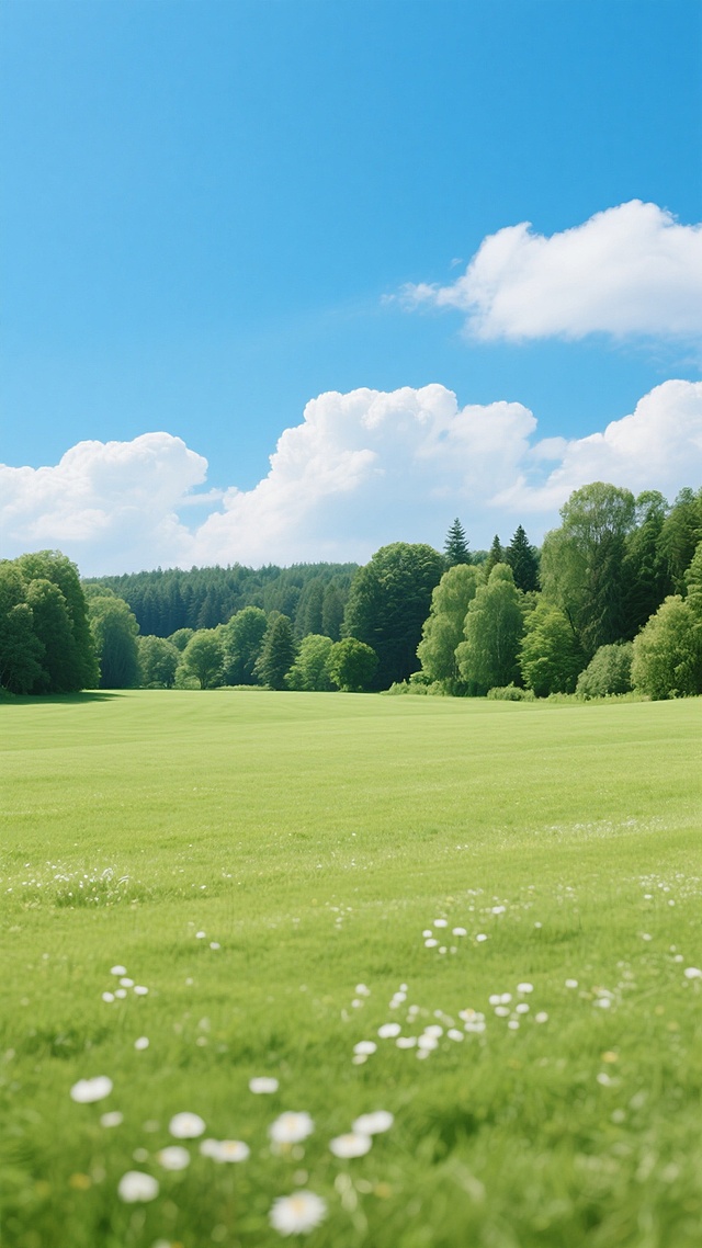 一张展现户外自然景观的高质量摄影照片，画面主体为一片广阔无垠、修剪整齐的嫩绿色草坪，草坪上点缀着零星白色小花，前景部分花草细节清晰可见。远处是茂密的森林，由各种不同高度和形态的深绿色树木组成，形成自然的背景天际线。天空占据画面上半部分，呈现清澈的湛蓝色，飘着几朵形态自然的白色积云，光线明亮柔和，呈现典型的晴朗夏日午后光线效果，整体氛围宁静、开阔、充满生机与自然之美。