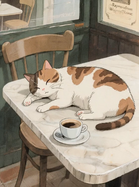 一个闲适的午后，咖啡热气腾腾，小猫好奇的抬起头，转头看了看周围，又躺下继续睡觉，整体保持宫崎骏动漫画风，棕白相间的花猫在咖啡店桌子上预览效果