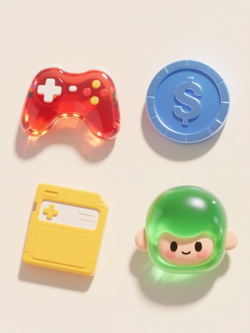 四个不同配色和材质的游戏相关元素图标，采用Q版3D立体风格，表面有通透的果冻质感和细腻的光泽反射，上下两行各两个呈中心对齐排列，背景为纯净的浅色，图标边缘有轻微的阴影增强立体感，整体氛围明快活泼。第一行左侧是红色半透明水晶质感的游戏手柄图标，右侧是蓝色磨砂金属材质的游戏币图标；第二行左侧是黄色软胶质感的游戏卡带图标，右侧是绿色琉璃质感的游戏角色头像图标，所有图标细节丰富，造型圆润可爱，光线从上……预览效果