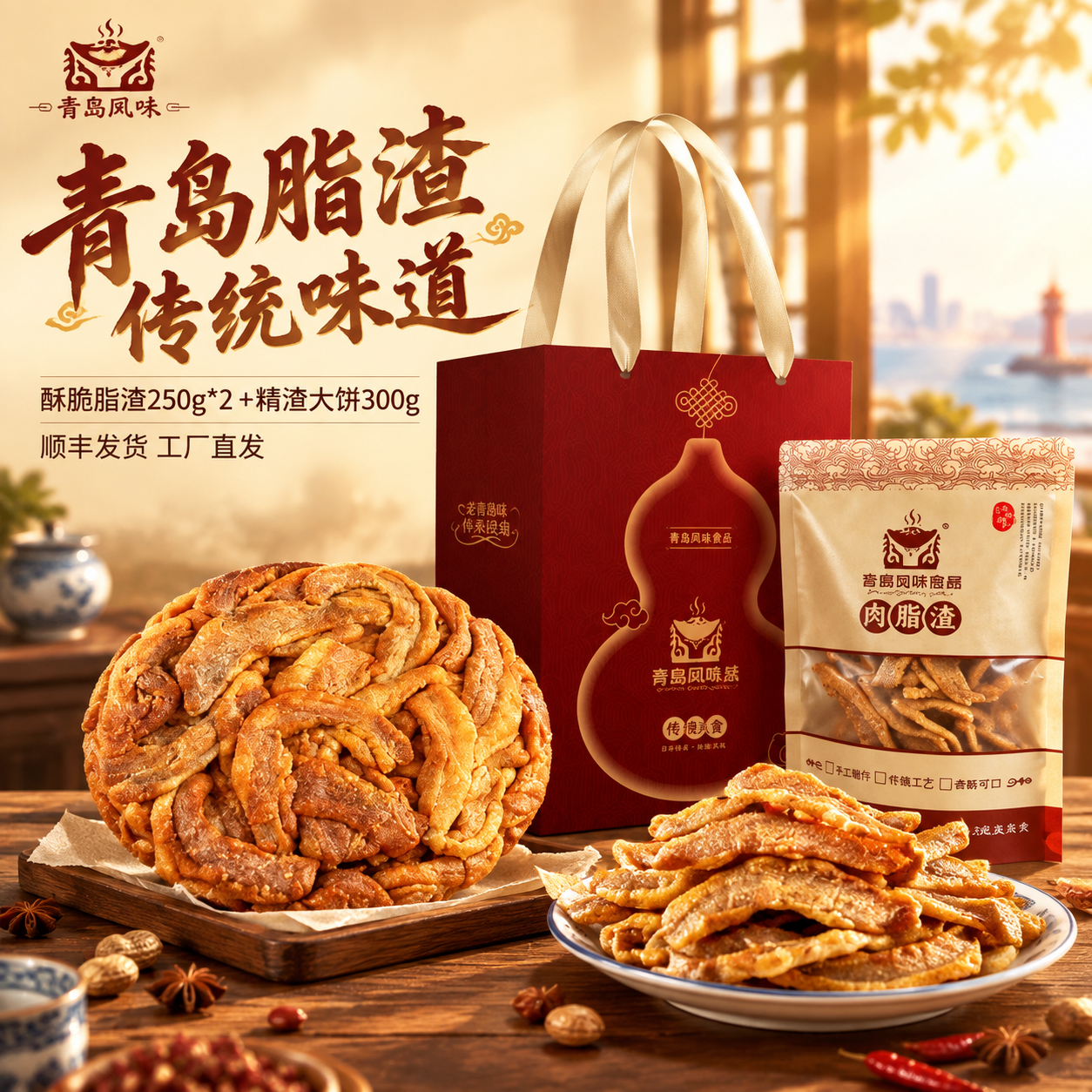 [主图-1] 首图点击率，突出青岛特色酥脆脂渣礼盒的食欲感与传… - 图片创意预览
