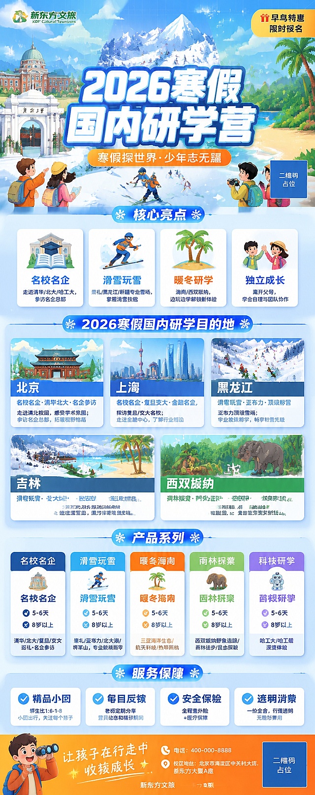 2026寒假国内研学营易拉宝海报，80cm×200cm竖版超长幅。参考扁平插画风格冬令营海报的设计语言：蓝色主调+橙黄色点缀，活泼有活力，卡通插画人物，网格底纹+雪花装饰元素，粗体大字标题带描边效果，圆角信息卡片，整体童趣又专业。

画面分为六大区域，版式精美，信息层次分明：

【顶部主视觉区】占画面上方约25%。背景为扁平插画风格的研学场景——左侧是名校校园建筑插画，中间是雪山滑雪场插画，右侧是海南海滩椰树+热带雨林插画，多场景融合，蓝天白云，色调明亮。叠加浅蓝色网格底纹和飘散的雪花/光点装饰。左上角放置新东方文旅品牌logo。右上角有橙黄色圆角标签，内文"🎁 早鸟特惠 / 限时报名"。画面中央是超大粗体主标题"2026寒假国内研学营"，白色粗体字带深蓝色描边和浅蓝色外发光，视觉冲击力强。主标题下方是橙黄色圆角标签承载副标题"寒假探世界·少年志无疆"。右侧有一个蓝色方块二维码占位。

【核心卖点区】标题"核心亮点"配浅蓝色底条。4大亮点横向排列为4个白底圆角卡片，每张卡片上方有彩色扁平图标：
🎓 名校名企 — 走进清华/北大/哈工大，参访名企总部
❄️ 滑雪玩雪 — 崇礼/黑龙江/新疆专业雪场，掌握滑雪技能
🌴 暖冬研学 — 海南/西双版纳，边玩边学解锁新体验
🌟 独立成长 — 离开父母，学会自理与团队协作
卡片有细蓝边和轻微投影，图标风格统一为扁平插画风。

【目的地推荐区】标题"2026寒假国内研学目的地"，下方是3行网格布局的目的地卡片，每张卡片为圆角矩形，上半部分是该目的地的扁平插画小图，下半部分是文字信息：
第一行：北京（名校名企·清华北大·名企参访）配名校建筑插画、上海（名校名企·复旦交大·金融名企）配摩天大楼插画、黑龙江（滑雪玩雪·亚布力·顶级粉雪）配雪山滑雪插画
第二行：吉林（滑雪玩雪·北大湖·松花湖）配滑雪场插画、（留空一格或合并）
第三行：海南（暖冬研学·三亚暖冬·海洋航天）配海滩椰树插画、西双版纳（雨林探索·野象追踪·热带雨林）配雨林大象插画
滑雪类卡片用蓝色调，暖冬类用橙绿色调，名校类用深蓝色调。

【产品系列分类区】标题"产品系列"。5个系列以横向排列的圆角卡片形式呈现，每系列含扁平图标+名称+行程天数+适合年龄+特色体验：
🎓 名校名企 | 5-6天 | 8岁以上 | 清华/北大/复旦/交大巡礼+名企参访
❄️ 滑雪玩雪 | 5-6天 | 8岁以上 | 崇礼/亚布力/北大湖/将军山，专业教练指导
🌴 暖冬海南 | 5-6天 | 8岁以上 | 三亚海洋生态/航天科技/热带雨林
🌿 雨林探索 | 5-6天 | 8岁以上 | 西双版纳野象追踪/雨林徒步/昆虫探秘
🏭 科技研学 | 5-6天 | 8岁以上 | 哈工大/哈工程深度体验
每张卡片有不同的主题色顶部条。

【服务保障区】浅蓝渐变底色块，标题"服务保障"，4项保障横向排列，每项配对勾图标：
✅ 精品小团 — 师生比1:6-1:8
✅ 每日反馈 — 老师定期分享营员动态
✅ 安全保险 — 全程意外险+医疗保障
✅ 透明消费 — 一价全含，无隐形费用

【底部互动区】橙黄色渐变底栏，左侧slogan"让孩子在行走中收获成长"，中间是联系方式"电话 / 校区地址"，右侧是二维码占位方块标注"二维码占位"文字。底部标注"新东方文旅"品牌名。

整体风格：扁平插画风，浅蓝+橙黄配色，活泼有活力，卡通童趣但不失专业感，参考冬令营招生海报的视觉语言。

画面中所有二维码区域使用纯色方块占位符呈现，方块中央标注"二维码占位"文字，严禁生成任何可识别的二维码图案。
画面中所有信息区域、套餐卡片、价格表格、权益列表等必须填充完整合理的内容，不得出现空白框、空白占位、空列表项、空单元格，确保是完整可用的成品海报而非待填写模板。
画面中所有数字必须精确渲染，不得错位、遗漏或编造。