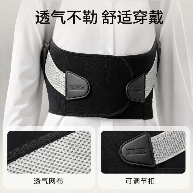 [主图-3] 三步挺坐姿矫正器材质细节展示
[氛围风格] 清新自然特写，突出品质感
[画质] 商业摄影质感，光线柔和通透，产品清晰真实，画面干净高级
[元素] 放大展示矫正器面料与弹性钢骨细节，保持产预览效果