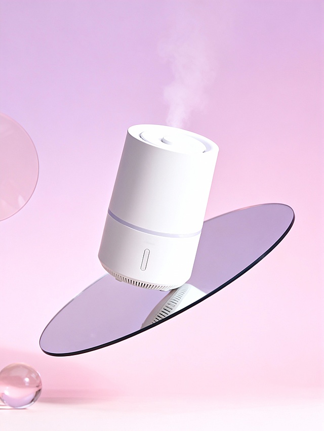 未来感3D渲染，轻拟物风加湿器悬浮于镜面之上，玻璃质感球体点缀，梦幻粉紫渐变背景，科技与柔美交融，清透柔和，虚拟现实美学呈现。