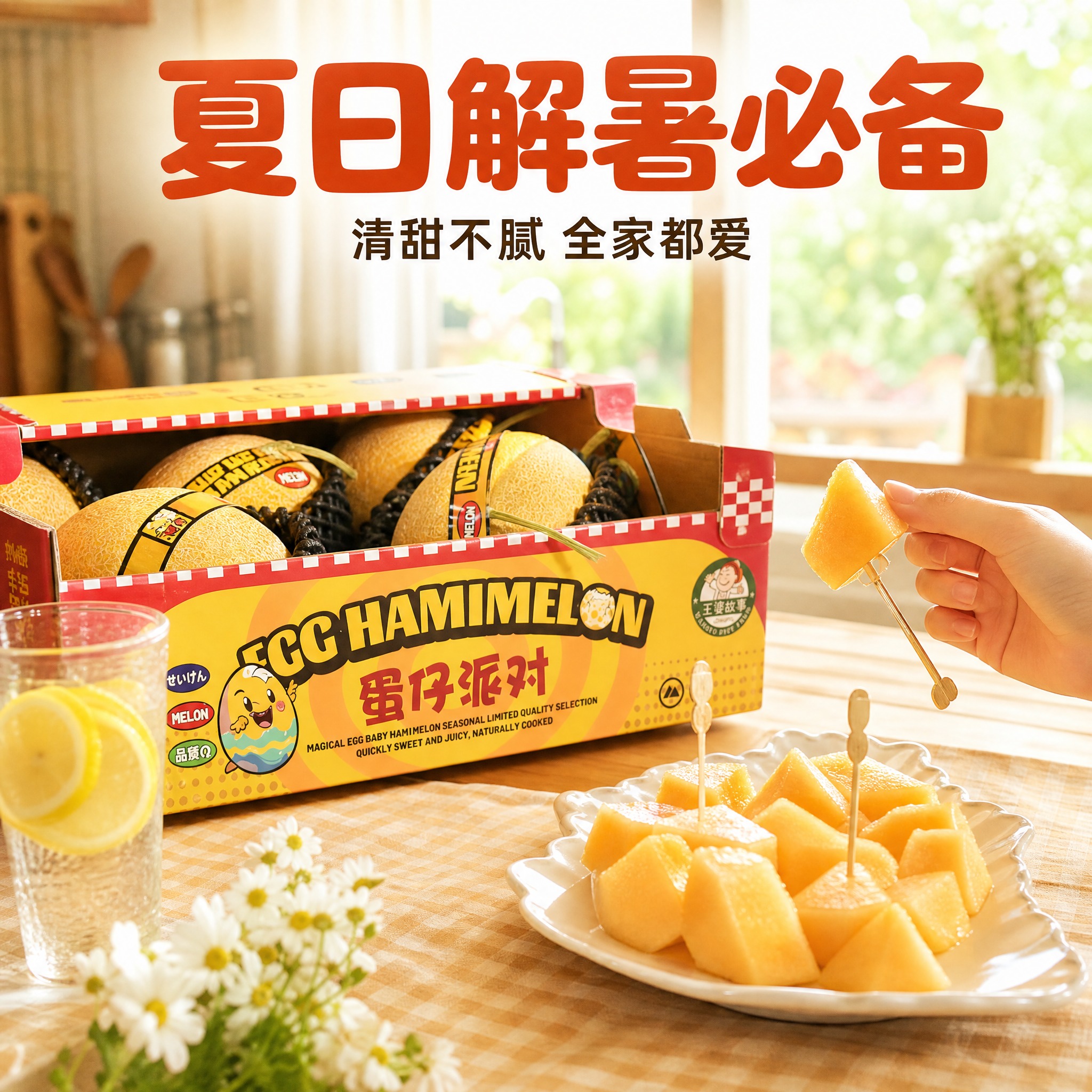 [主图-4] 场景体验图，主题：家庭餐桌享用哈密瓜的生活场景，… - 图片创意预览
