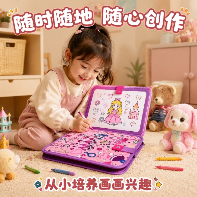[第5屏] 场景展示-小女孩使用涂鸦画板绘画互动场景。本屏使用【图1】产品作为主体。
[氛围/风格] 温馨居家儿童场景，真实自然的生活化氛围，活泼治愈。
[元素布局] 可爱小女孩坐在地毯上，手打开涂鸦预览效果
