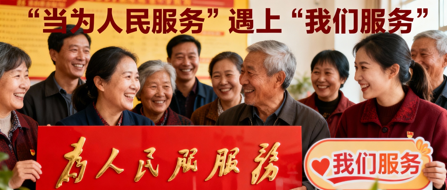 当“为人民服务”遇上“我们服务”

根据上述文字的意思，生成比例尺寸为2.35:1，符合内容的公众号首图。预览效果
