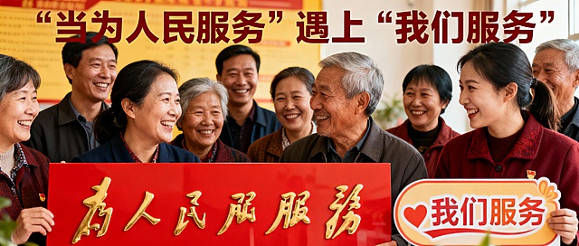 当“为人民服务”遇上“我们服务”

根据上述文字的意思，生成比例尺寸为2.35:1，符合内容的公众号首图。