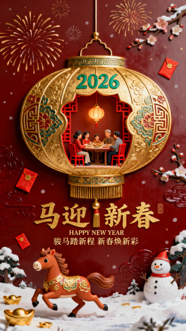 微缩艺术，马年新春海报，喜庆，融合传统新春元素与萌系Q版设计。前景为Q版奔跑姿态马形吉祥物，搭配红包、金元宝装饰；中心主体是巨大金色花灯福字造型（作为场景容器），中式纹样，福字内部嵌入微缩家庭聚餐场景预览效果